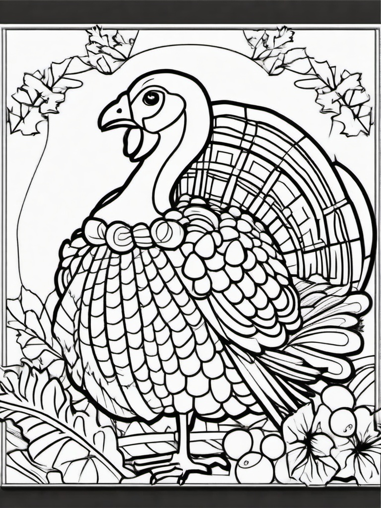 Turkey and Acorn Basket Coloring Pages - Festive Turkey with a Basket of Acorns  minimal black outline printable sheet, coloring page