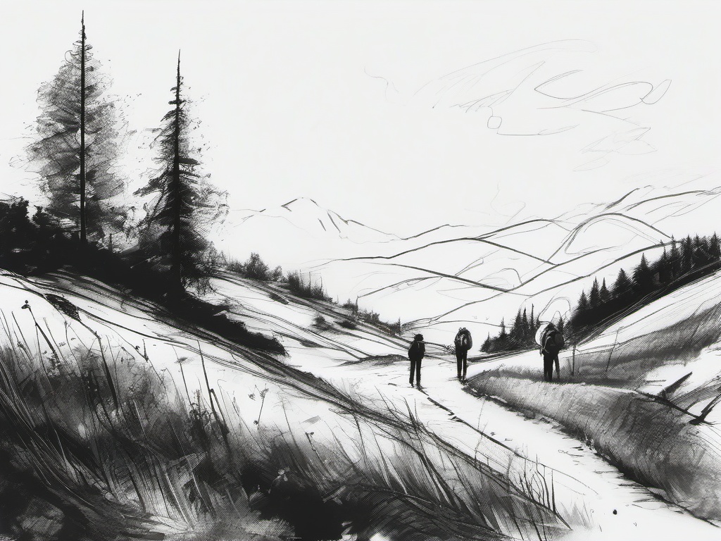 drawing of friends exploring nature  minimal rough sketch scribbles,doodles,black and white