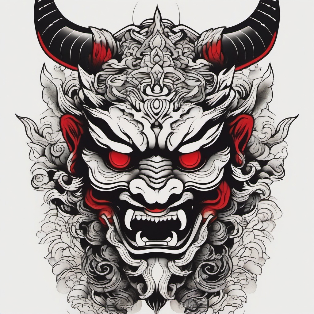 Japanese Traditional Demon Tattoo - Tattoo capturing the essence of traditional Japanese demon motifs.  simple color tattoo,white background,minimal