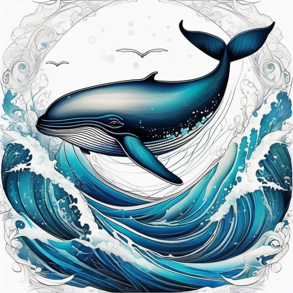 Whale tattoo, Majestic whale tattoo, an emblem of depth and emotional strength. , tattoo color art, clean white background