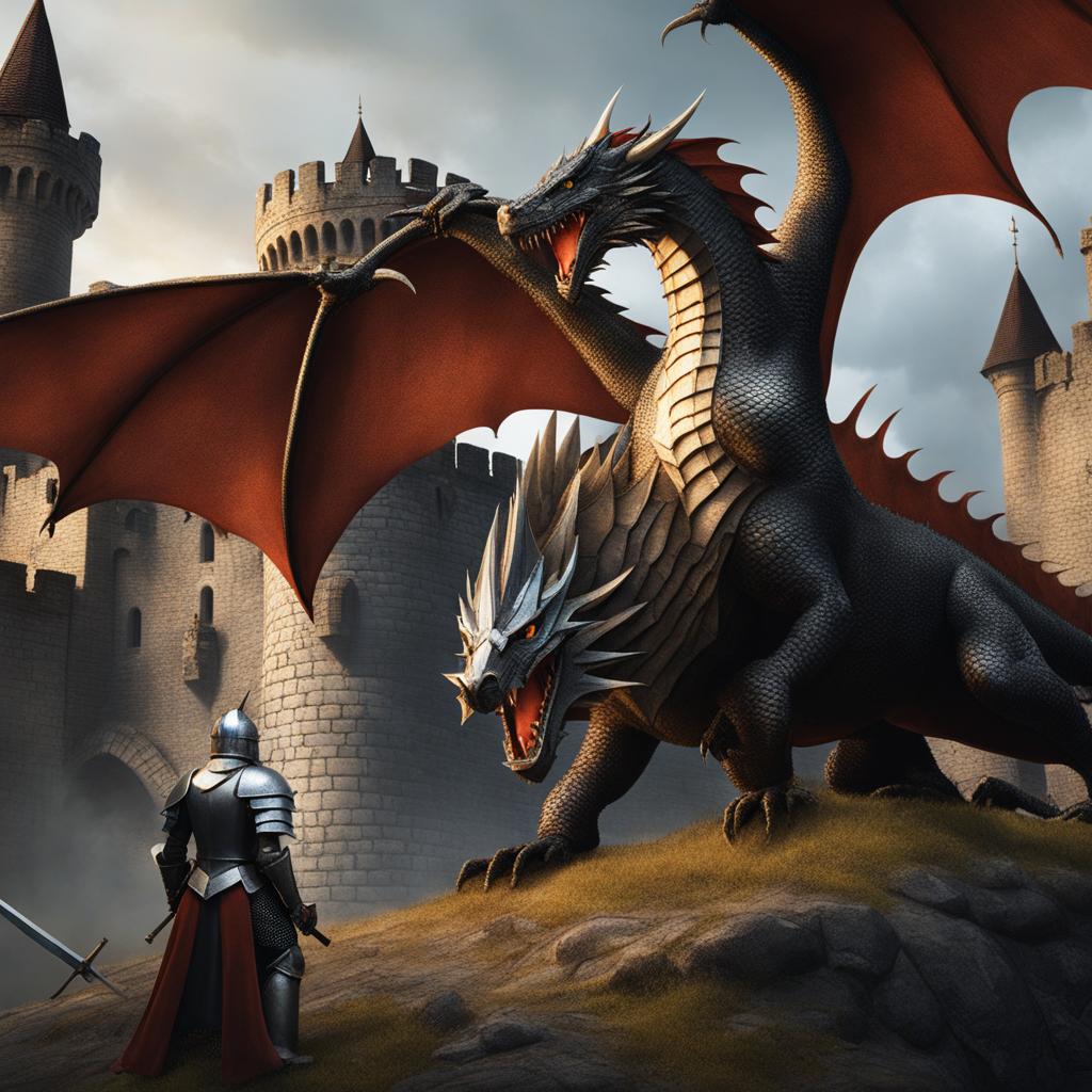 stalwart knight defending a medieval castle from an attacking dragon. 