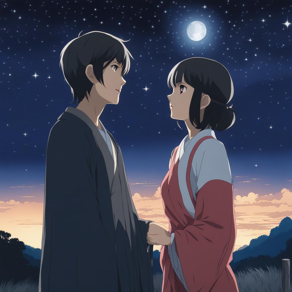 koyomi araragi engages in a conversation with supernatural beings under a starry night sky. 