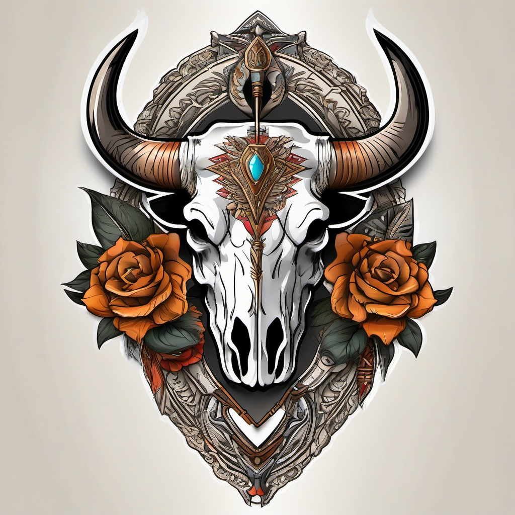 Bull skull with arrow quiver tattoo. Precision in the journey.  color tattoo design, white background