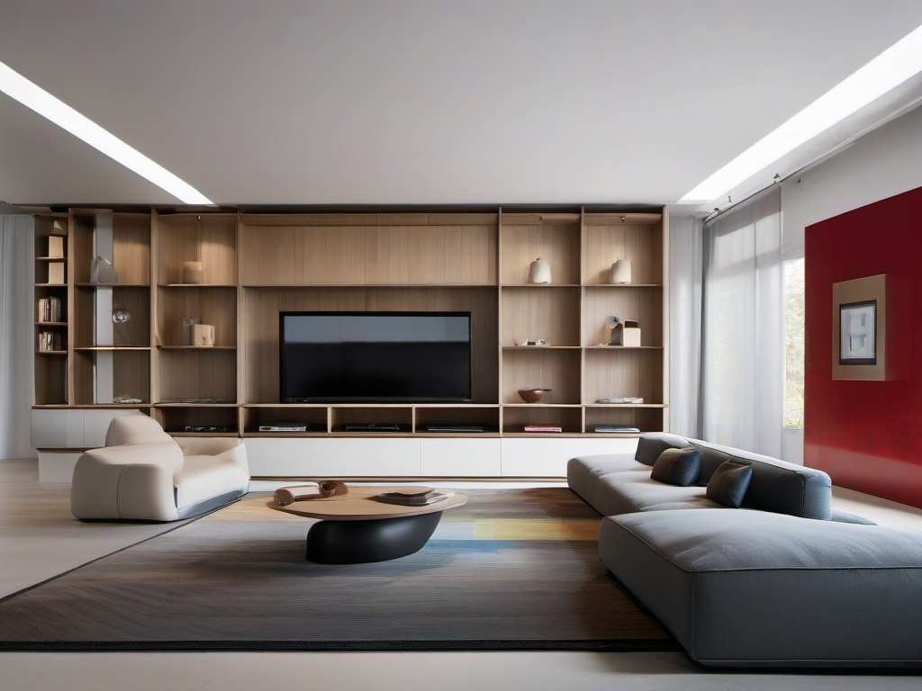 Bauhaus media room includes sleek modular seating, geometric accents, and minimalist shelving for entertainment systems, blending modern design with functionality.  