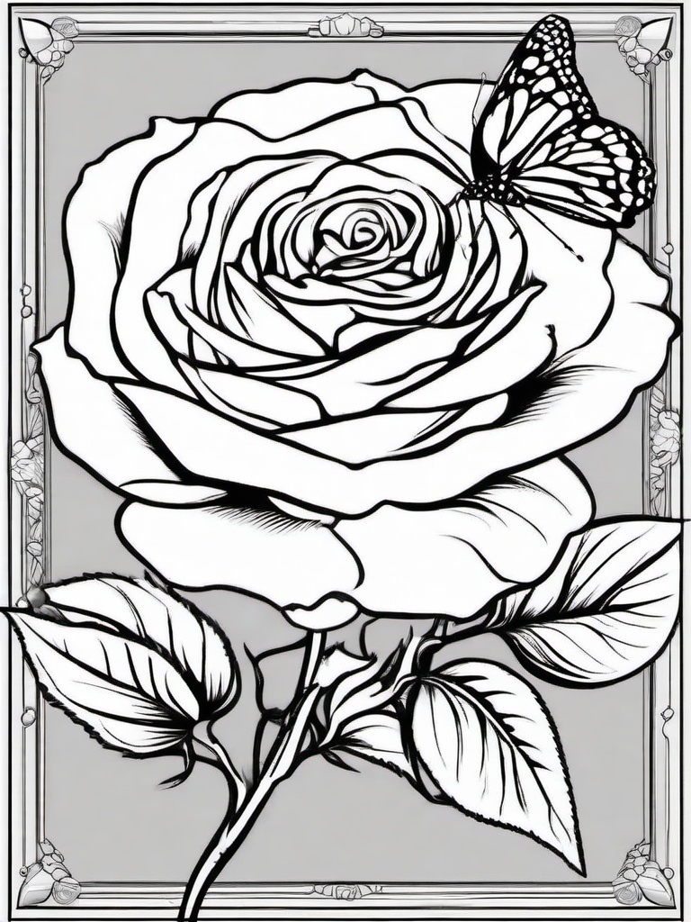 Rose Coloring Pages - Rose with a butterfly perched on it  simple coloring pages