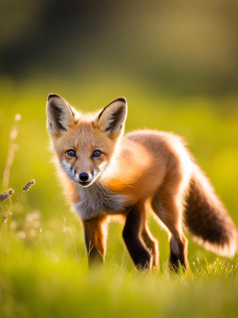 playful red fox kit, chasing its tail in a sunny meadow. 