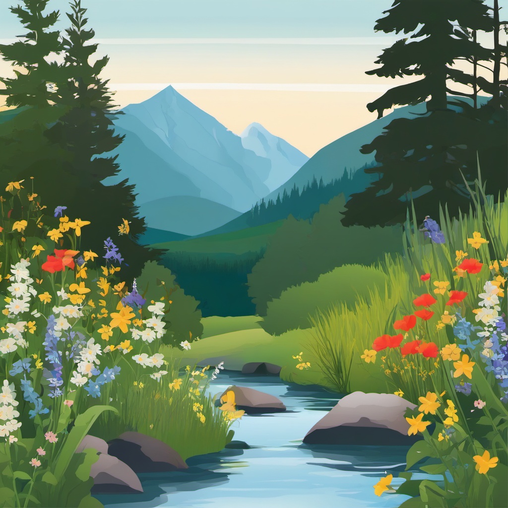 Mountain Stream and Wildflowers clipart - A stream amidst wildflowers, ,vector color clipart,minimal