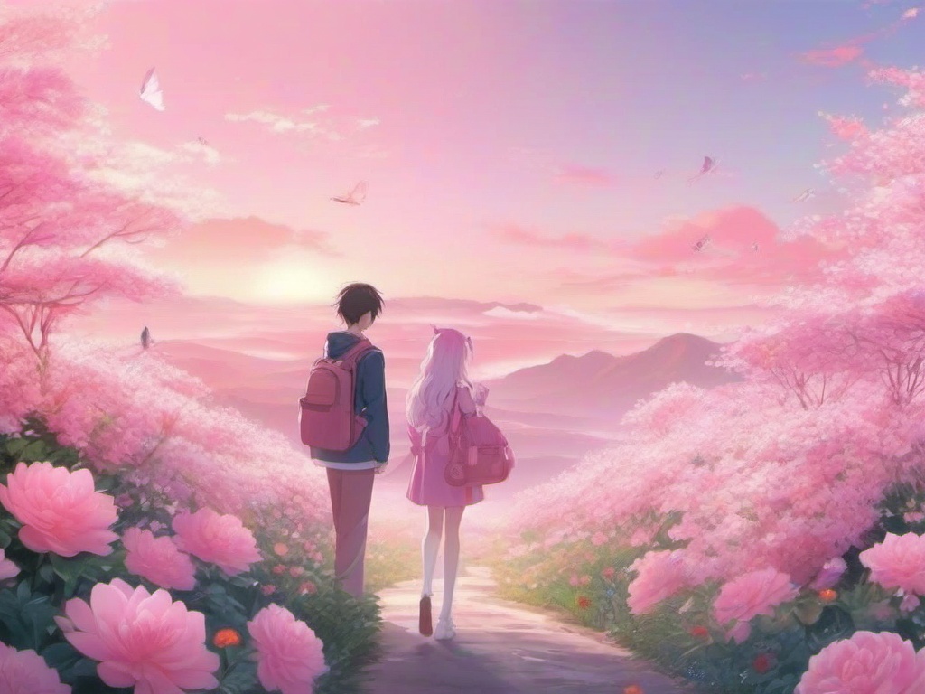 Pink Anime Wallpaper-Light pink with pastel anime characters and flowers for a playful look  background wallpaper