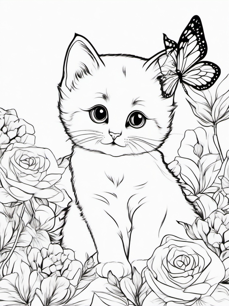 Kitty with a Butterfly Friend Coloring Pages - Kitten with a Delicate Butterfly  minimal black outline printable sheet, coloring page