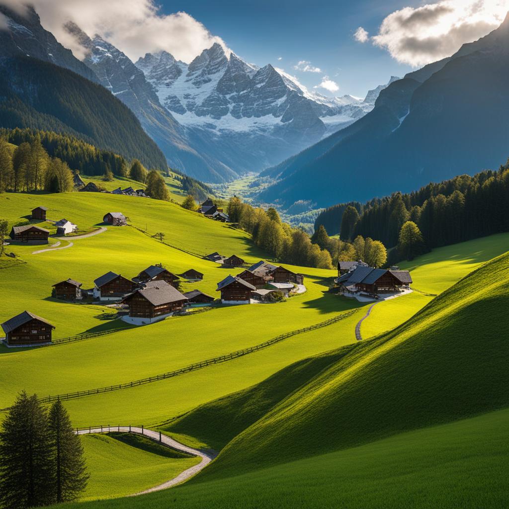 enchanted grindelwald valley - illustrate the enchanting beauty of grindelwald valley, featuring alpine pastures and breathtaking mountain peaks. 