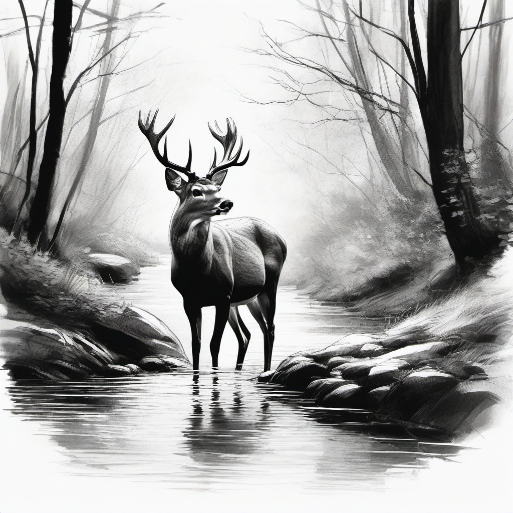 drawing of a deer drinking from a stream  minimal rough sketch scribbles,doodles,black and white