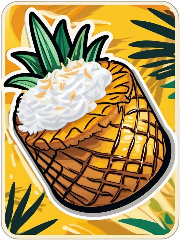 Pineapple Coconut Upside-Down Cake sticker- Caramelized pineapple rings and shredded coconut topping a moist and flavorful upside-down cake. A tropical twist on a classic favorite., , color sticker vector art