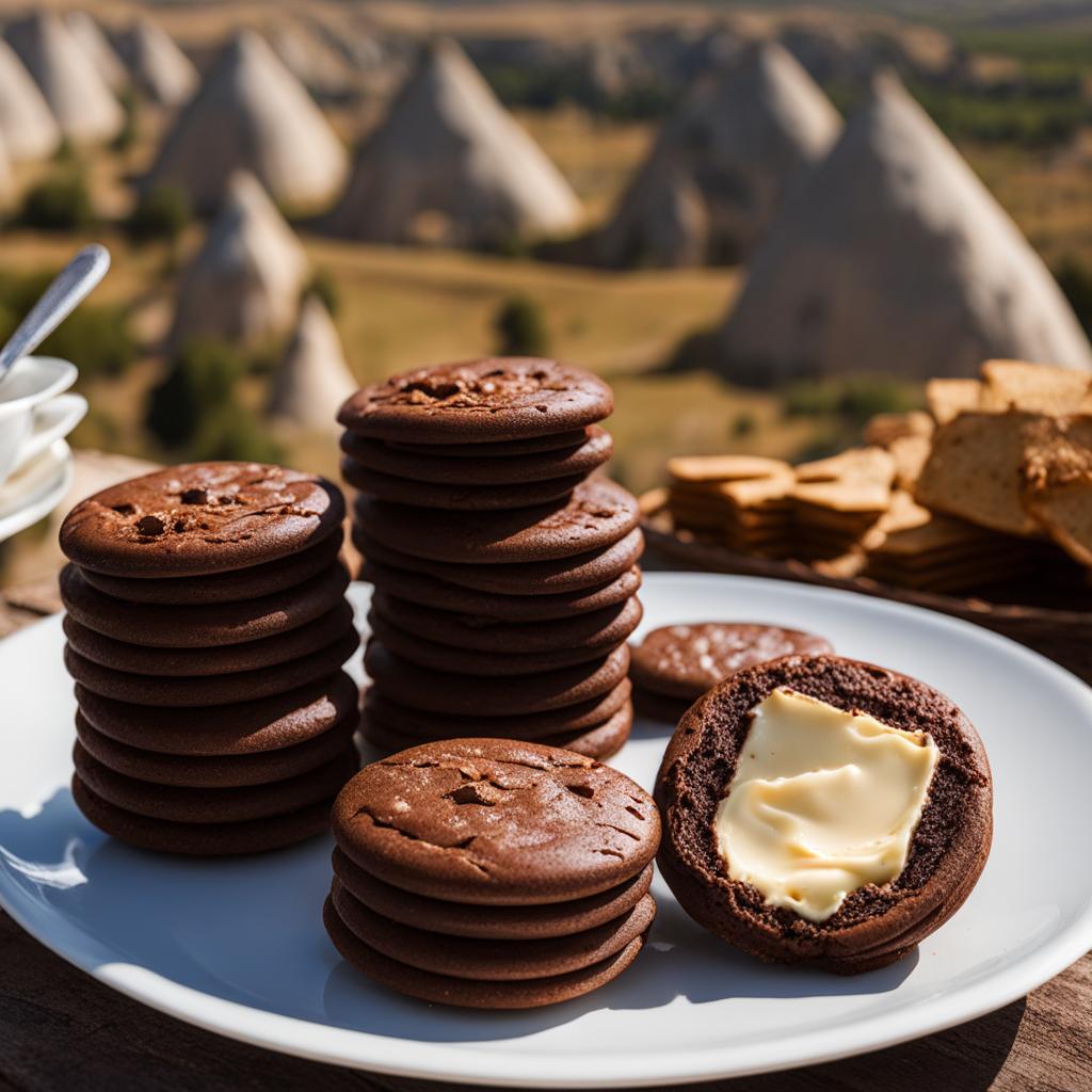 biskrem, turkish chocolate biscuits, enjoyed at a picnic in cappadocia's surreal landscapes. 