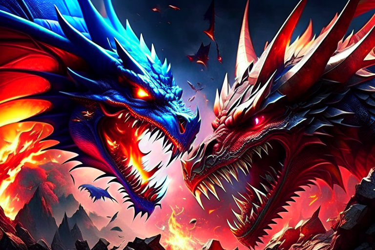 dragon vs wyvern - fire-breathing titans confront each other in a mountainous lair, flames and winged assaults colliding. 