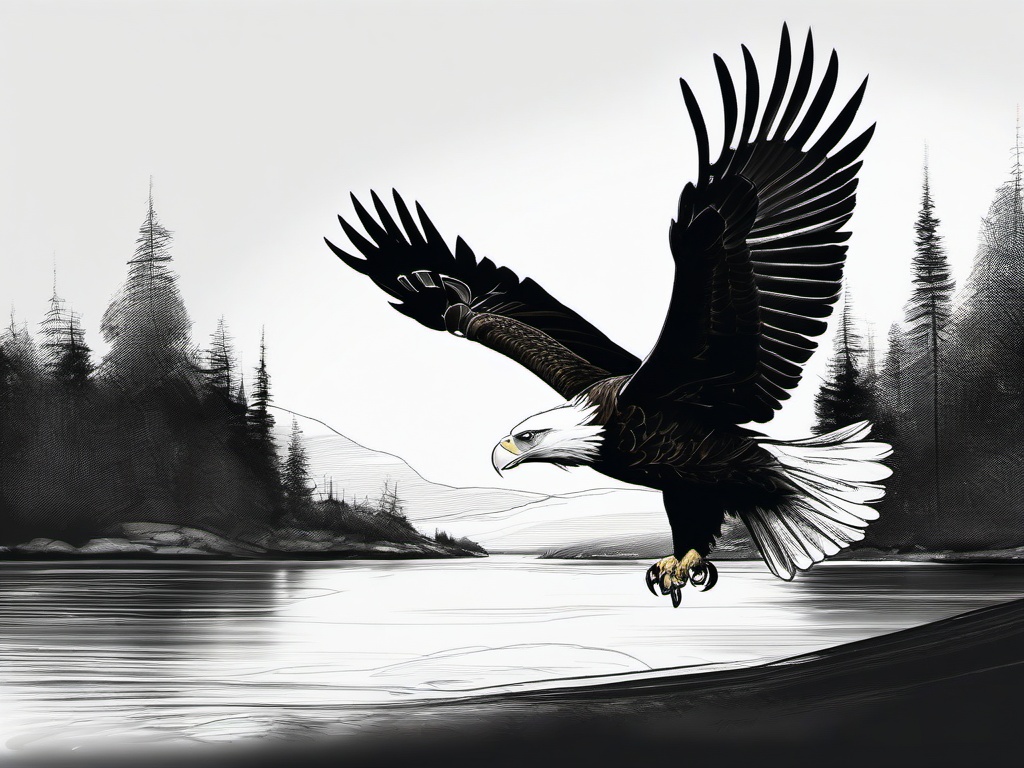 drawing of an eagle flying over a lake  minimal rough sketch scribbles,doodles,black and white