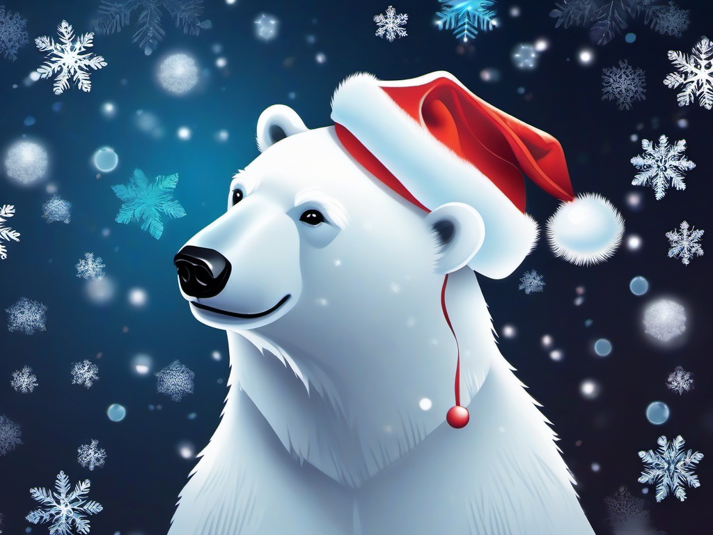 Christmas wallpaper - Polar bear with a Santa hat, surrounded by snowflakes and ice  aesthetic background wallpaper