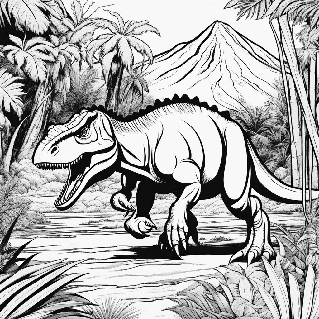 dinosaur coloring pages - a fearsome t-rex roars in a prehistoric jungle. 