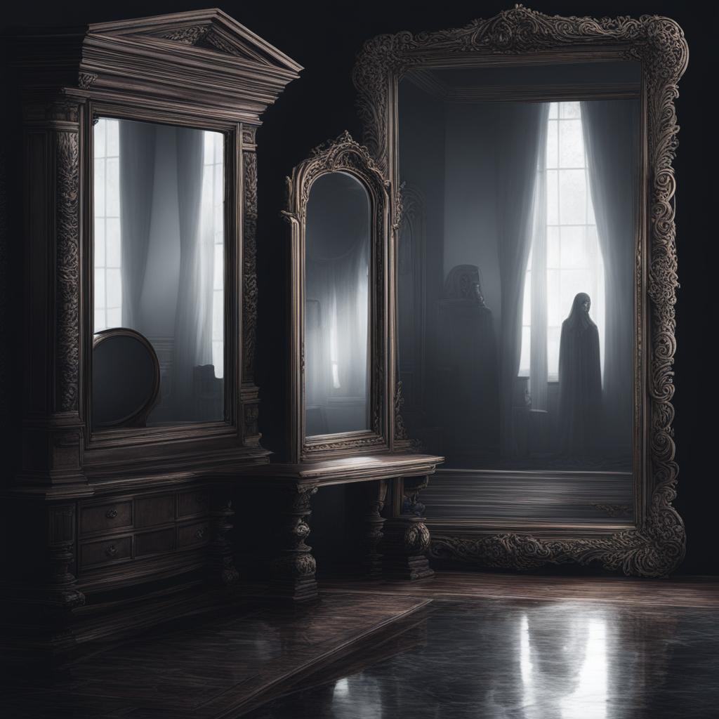 cursed mirror reflection - illustrate a character encountering their chilling reflection in a cursed mirror. 