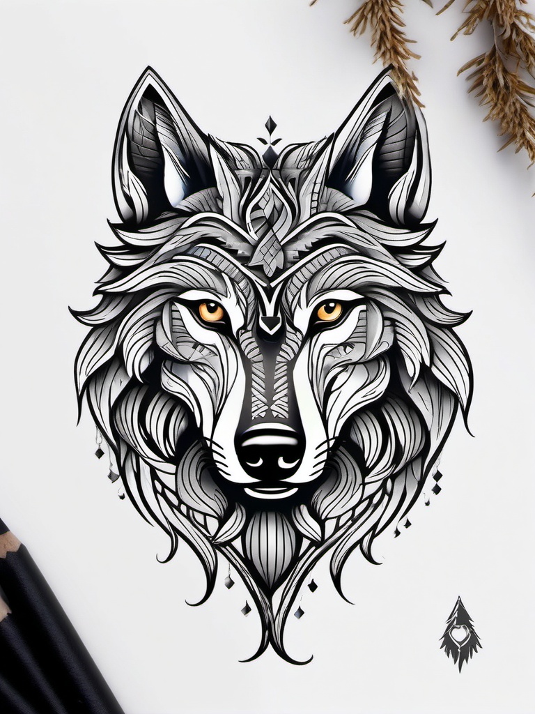 Norse Wolf Tattoo,wolf tattoo inspired by Norse mythology, symbol of the untamable and inevitable forces. , color tattoo design, white clean background