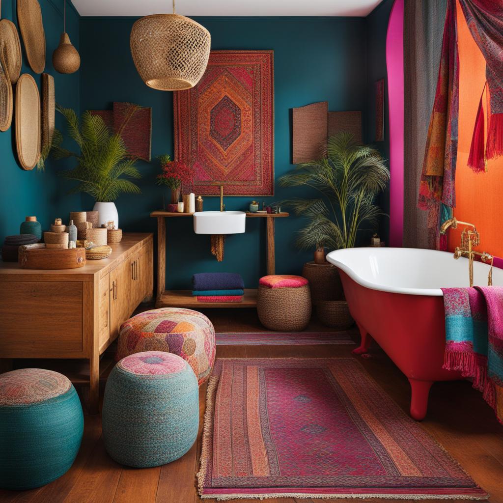 bohemian bathroom with vibrant textiles and eclectic decor. 