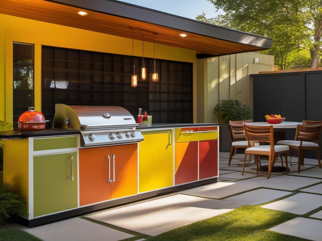 Mid-century modern outdoor kitchen features retro-inspired furniture, bright colors, and geometric shapes that add character to the outdoor cooking space.  