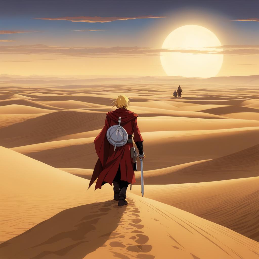 edward elric and alphonse journey through a vast desert, seeking the philosopher's stone. 