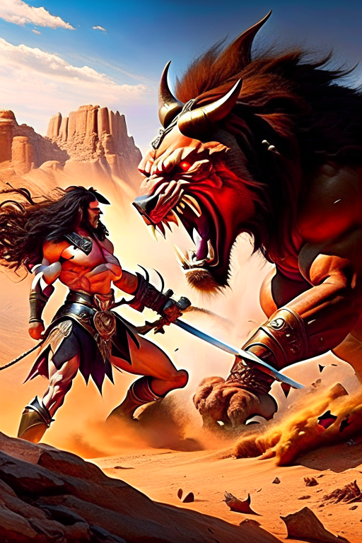 conan the barbarian vs the manticore - the mighty barbarian conan clashes with the venomous manticore in a savage desert arena. 