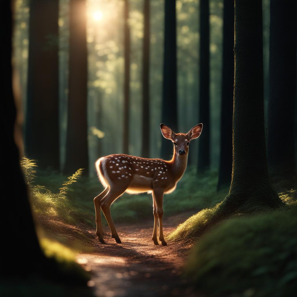 fawn exploring a magical woodland at dawn 8k ultrarealistic cinematic 