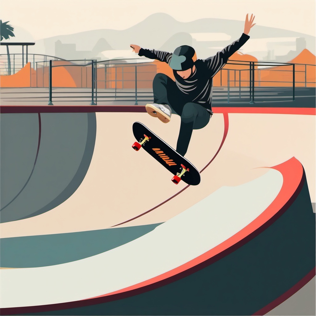 Skatepark Skateboarding Clipart - A skateboarder performing tricks at a skatepark.  color vector clipart, minimal style