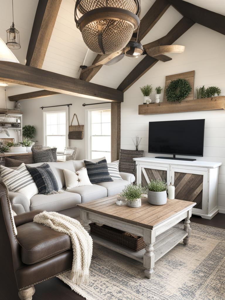 farmhouse living room with distressed wood accents and cozy textiles. 