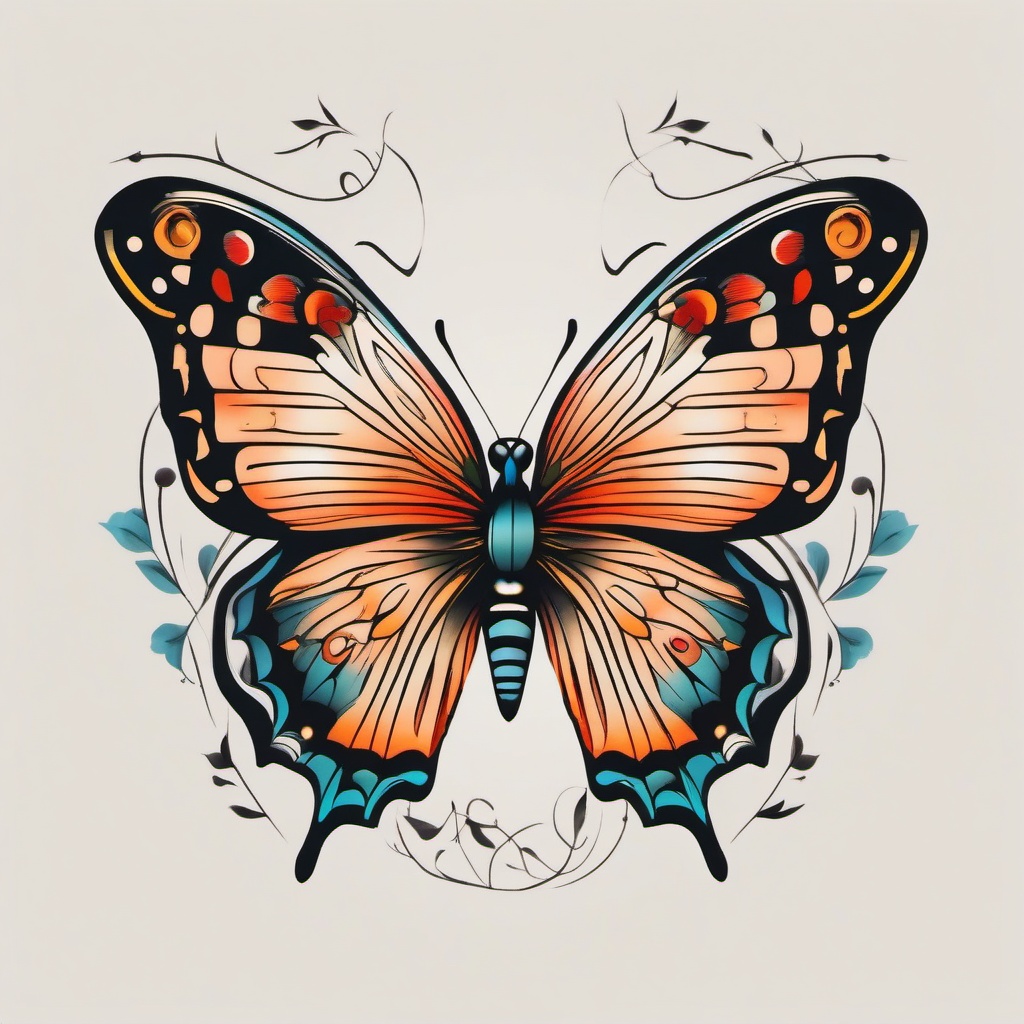 american traditional butterfly tattoo  simple color tattoo,white background,minimal