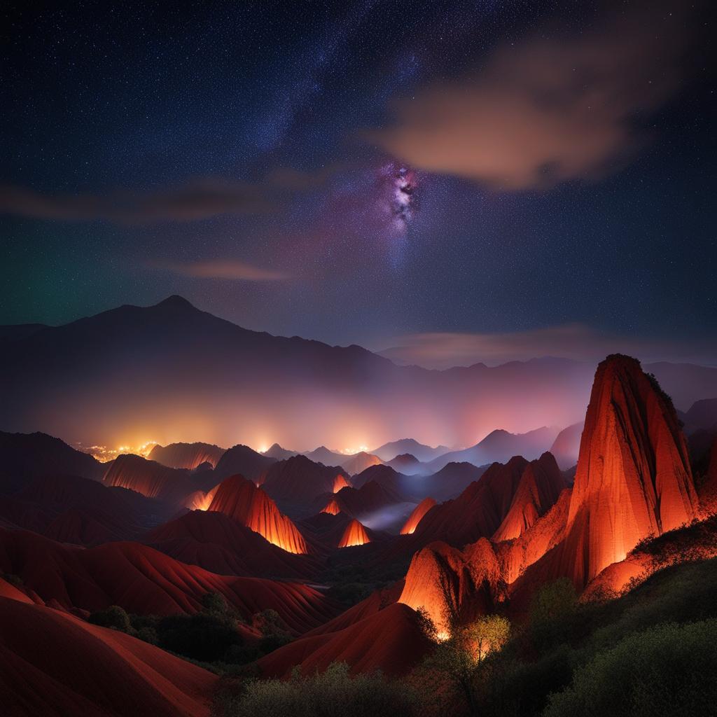 danxia landforms - capture the enchanting night atmosphere of the danxia landforms, where colorful rock formations create a dreamlike landscape. 