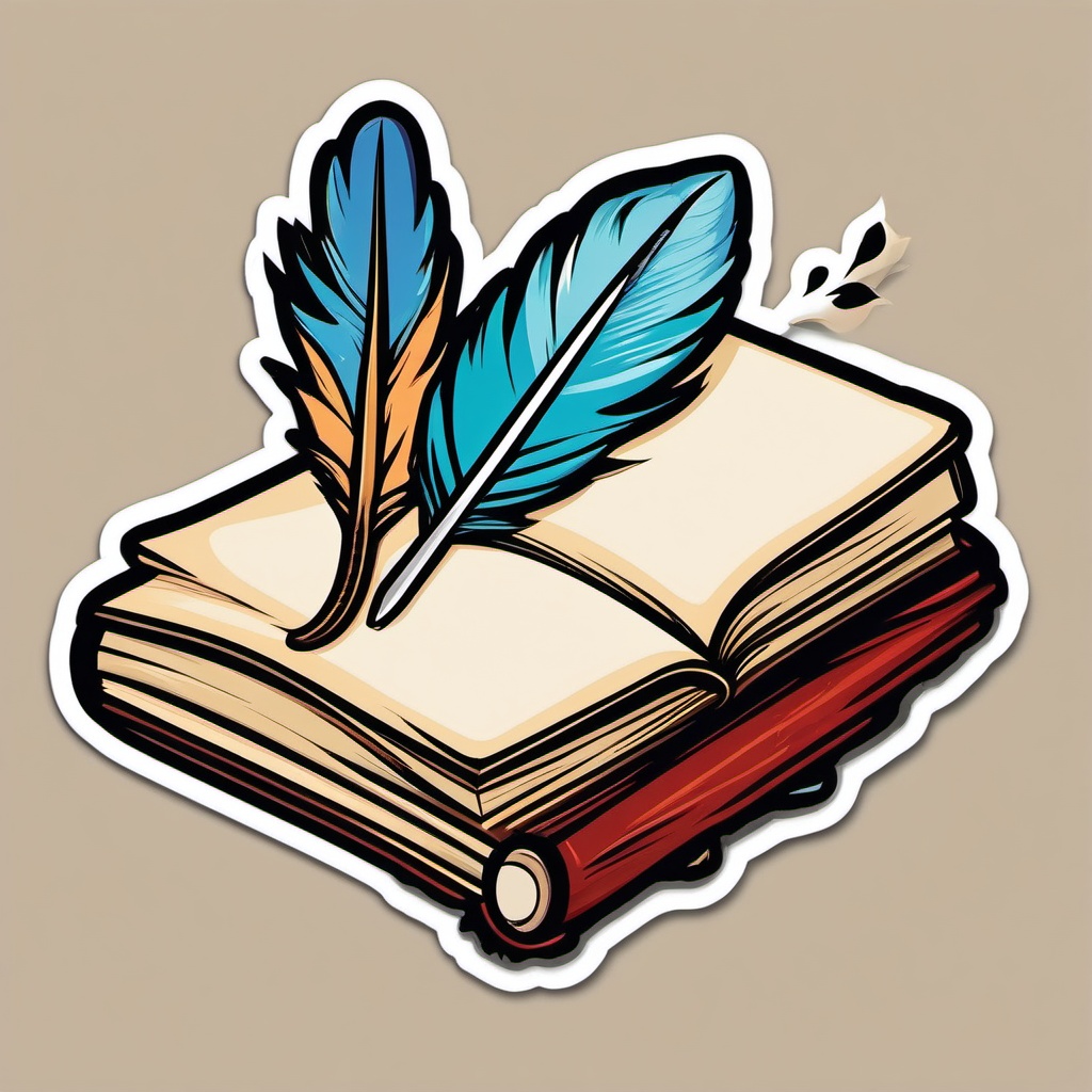 Book and Quill Sticker - Open book with a feather quill, ,vector color sticker art,minimal