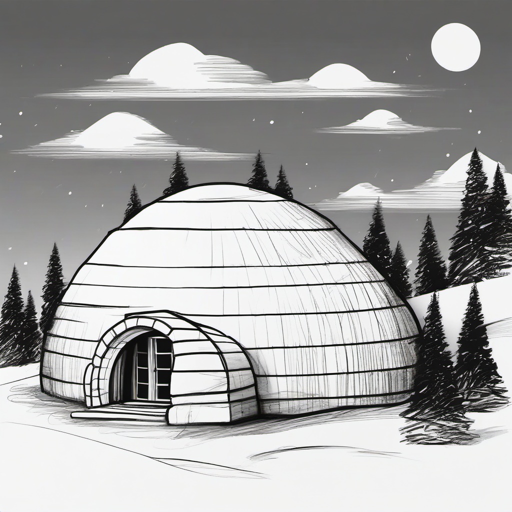 drawing of a igloo house  minimal rough sketch scribbles,doodles,black and white