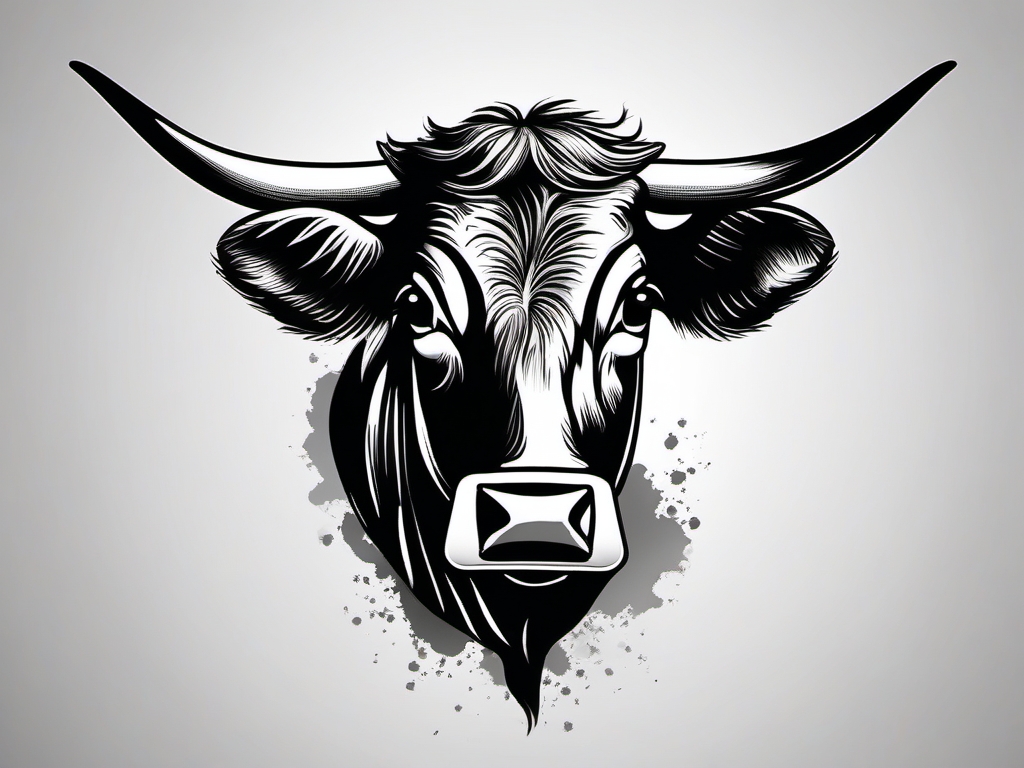 Cow with bell tattoo: Rustic charm, a nod to traditional farming.  black and white tattoo style