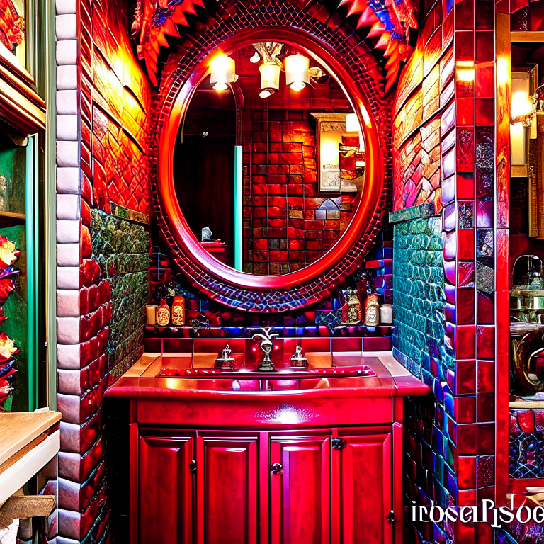 dragon's lair bathroom with dragon claw fixtures and fiery mosaic tiles. 