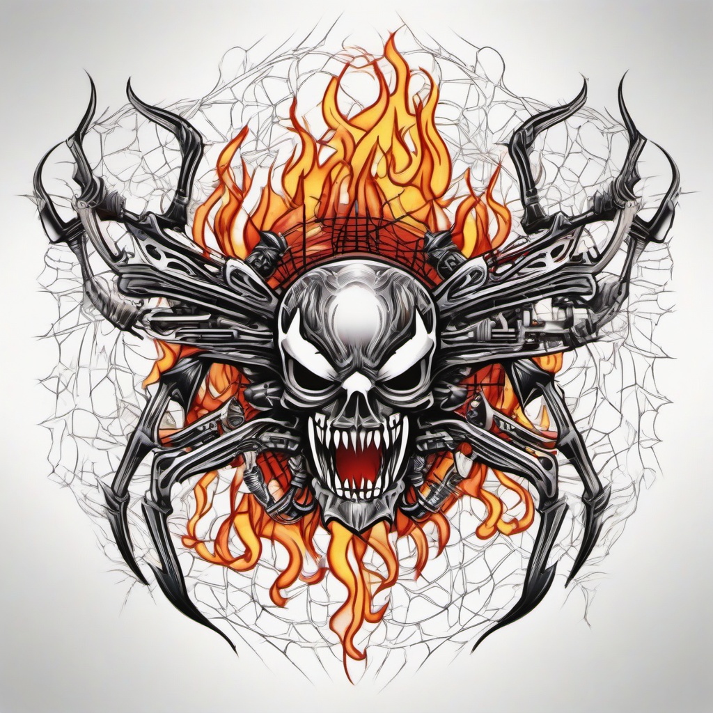 Flames spiderweb motor  ,tattoo design, white background