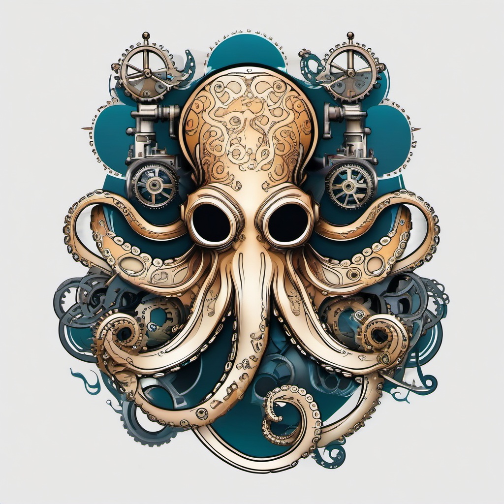 Steampunk Octopus Tattoo - Combine marine aesthetics with steampunk elements in a tattoo featuring an octopus with mechanical details.  simple vector color tattoo,minimal,white background