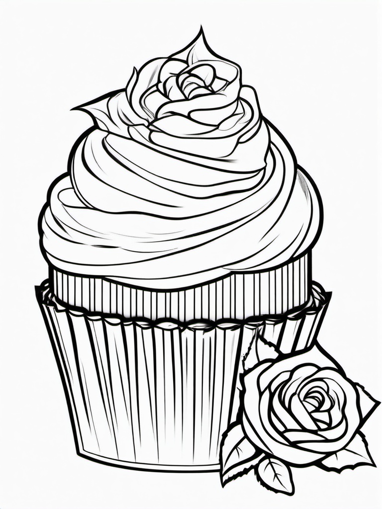 Cake Coloring Pages - Frosted cupcake with a rose decoration  simple coloring pages