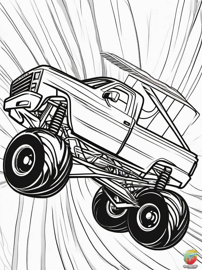 Monster Truck Performing Mid-Air Spin Coloring Pages - Trucks Spinning While Airborne  minimal black outline printable sheet, coloring page