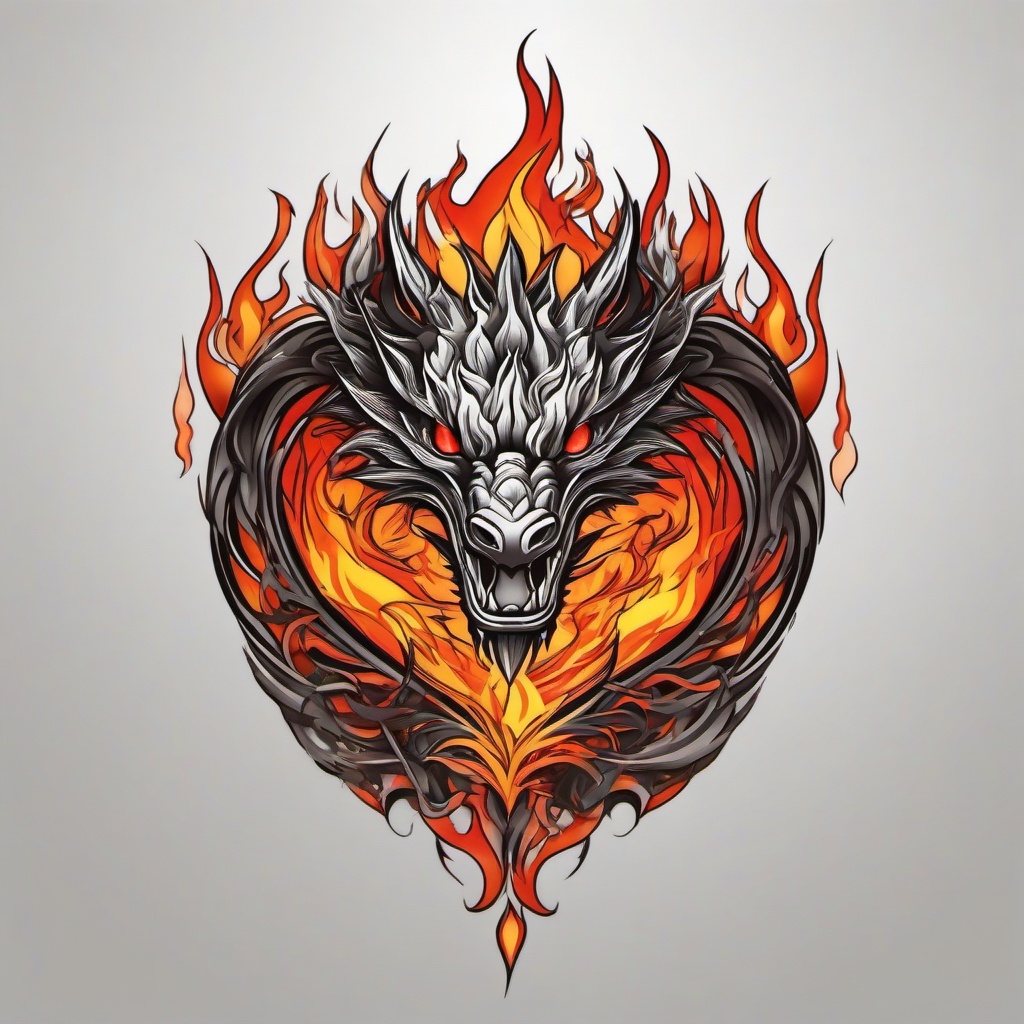 Flame Dragon Tattoo - Tattoo featuring a dragon surrounded by flames.  simple color tattoo,minimalist,white background