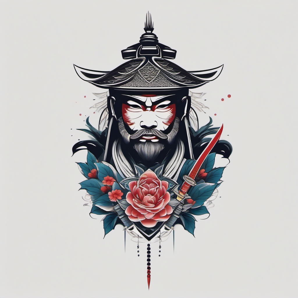 Samurai tattoo in tranquil surroundings.  color tattoo,minimalist,white background