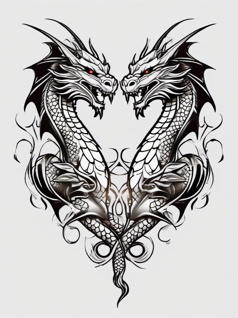 Two Headed Dragon Tattoo - Tattoo featuring a dragon with two heads.  simple color tattoo,minimalist,white background