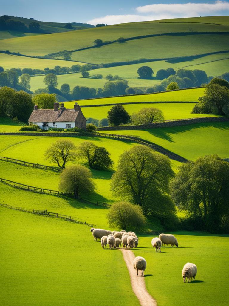 english countryside, strolling through rolling green hills, charming cottages, and grazing sheep. 