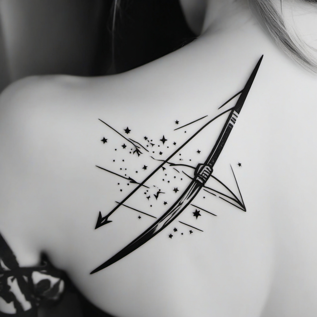 Bow and arrow under a shooting star tattoo. Celestial archery wish.  minimalist black white tattoo style