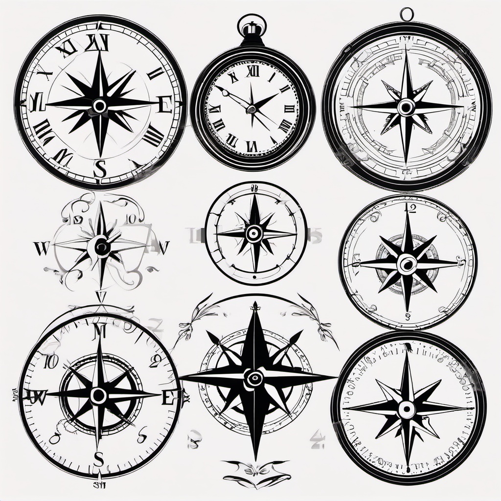 Clock and Compass Tattoo Designs - Various designs featuring both a clock and compass.  simple vector tattoo,minimalist,white background