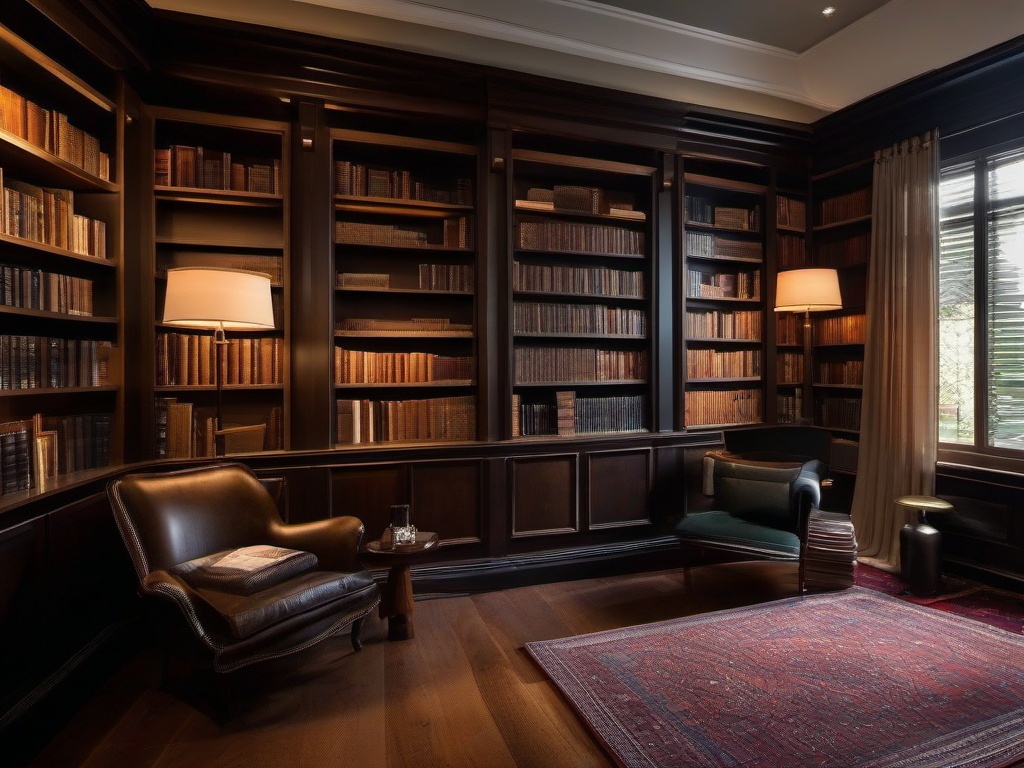 In the library room, vintage interior design incorporates dark wood bookshelves, a comfortable armchair, and warm lighting that inspires reading and relaxation in a cozy setting.  