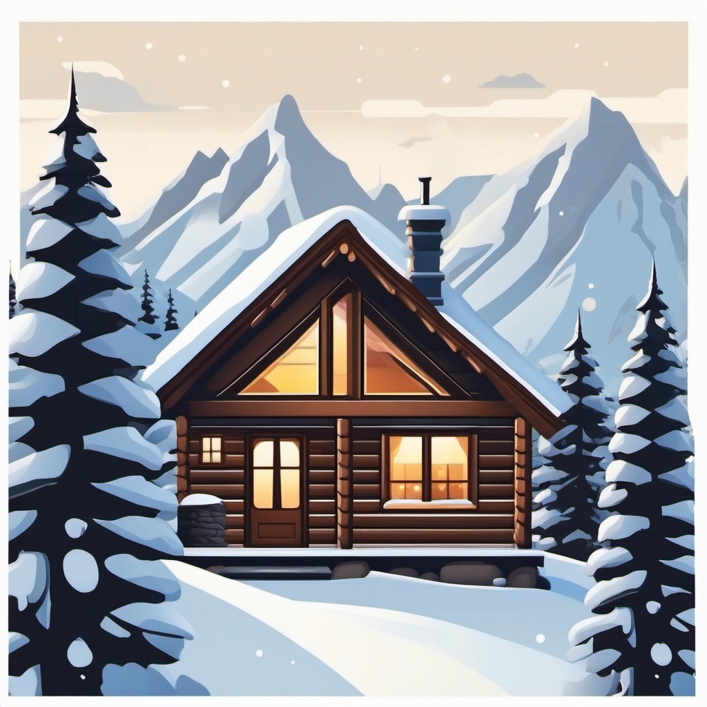 Mountain Cabin in Winter Emoji Sticker - Cozy retreat amidst snowy landscapes, , sticker vector art, minimalist design