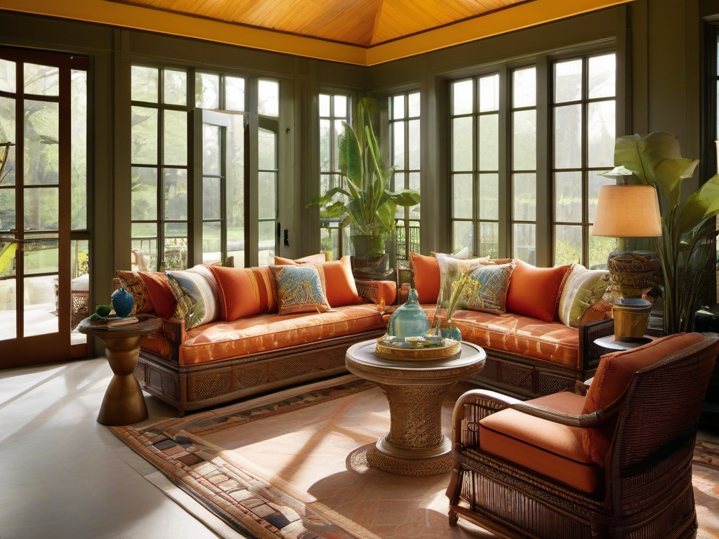 A sunroom with Egyptian Revival interior design highlights rich textiles, decorative furniture, and abundant natural light, creating a vibrant space to relax and enjoy the outdoors.  