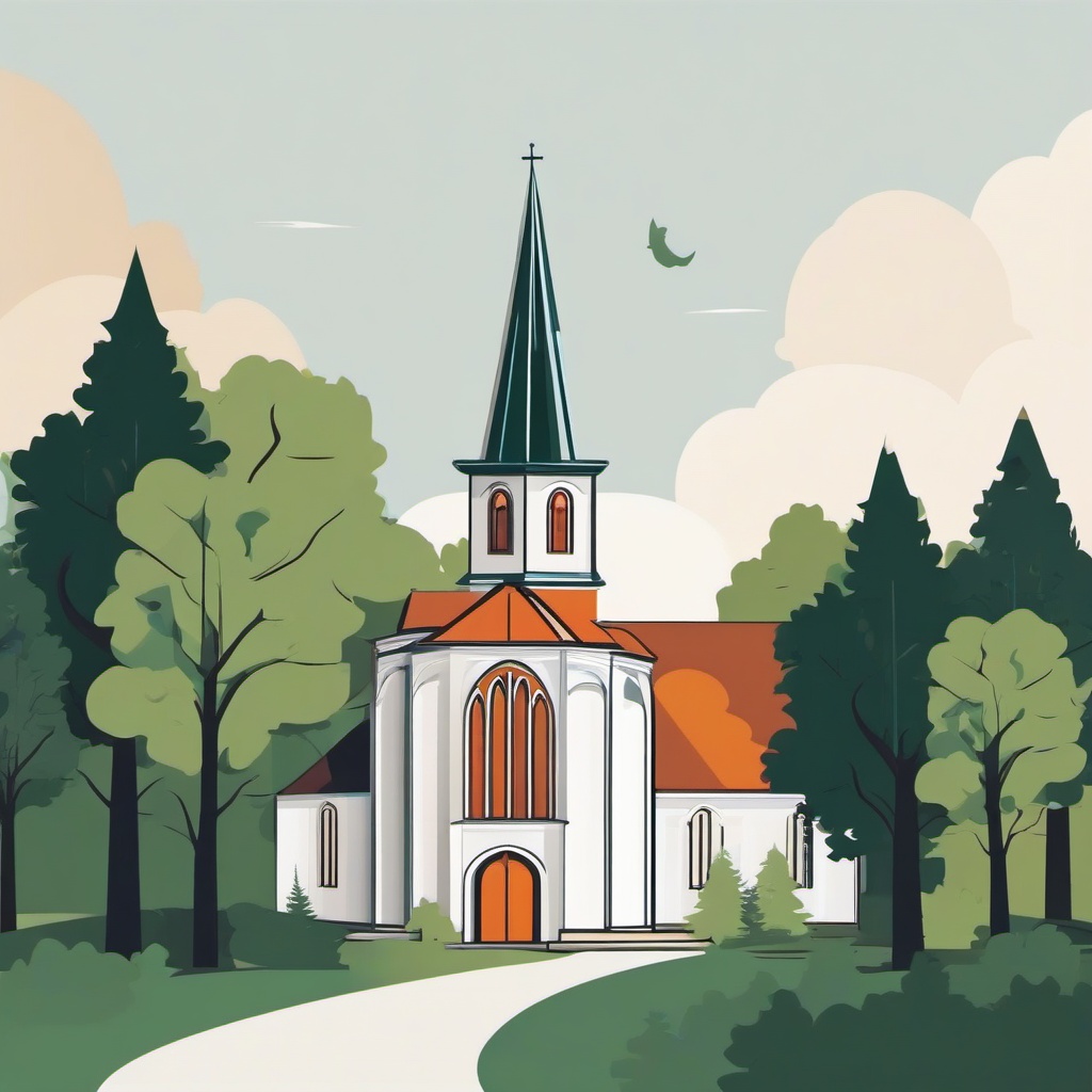 Church clipart - church surrounded by trees and nature  color,minimalist,vector clipart